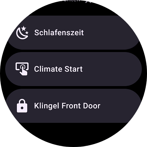 Home Assistant Wear OS favorites list with Schlafenszeit, Climate Start and Klingel Front Door.